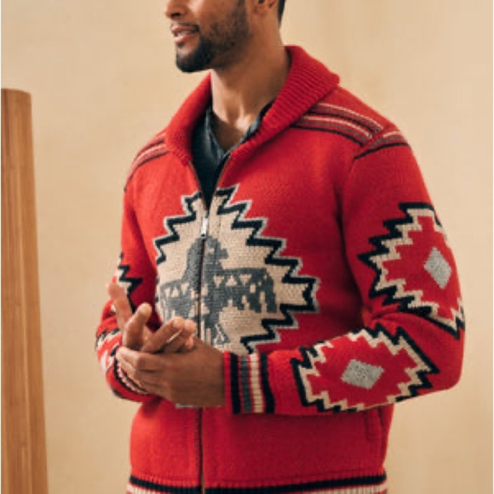 Faherty Red and black Thunderbird vintage-inspired knit zip-up sweater knit
